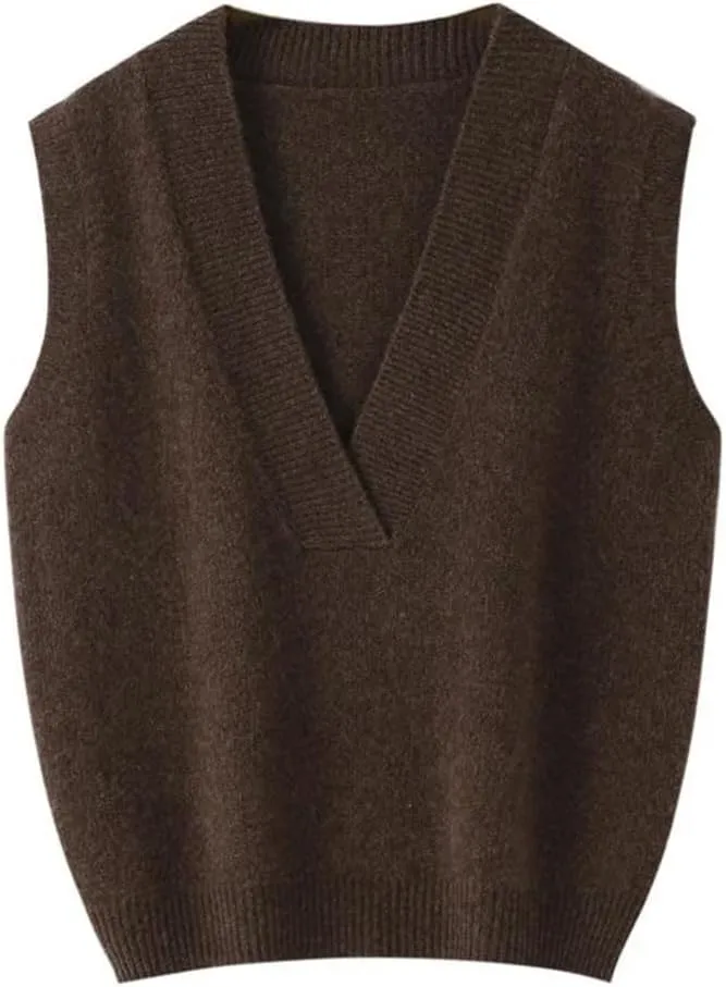 Women's V-Neck Wool Knit Sleeveless Pullover Women's Casual Knit Sweater Vest