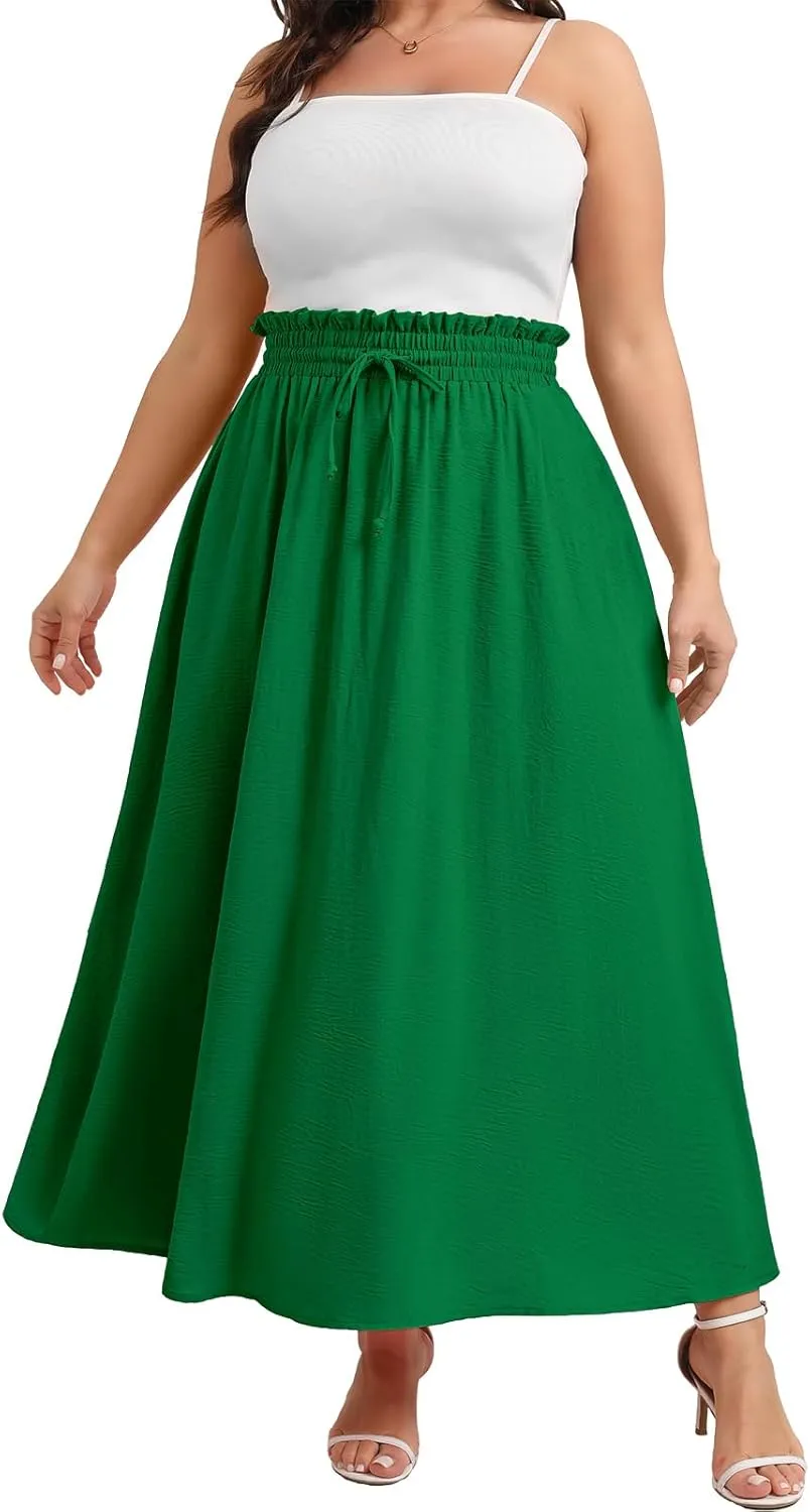 Xpenyo Womens Plus Size Maxi Skirts Summer Elastic High Waisted Boho Casual Beach Flowy Swing Long Skirts with Pockets