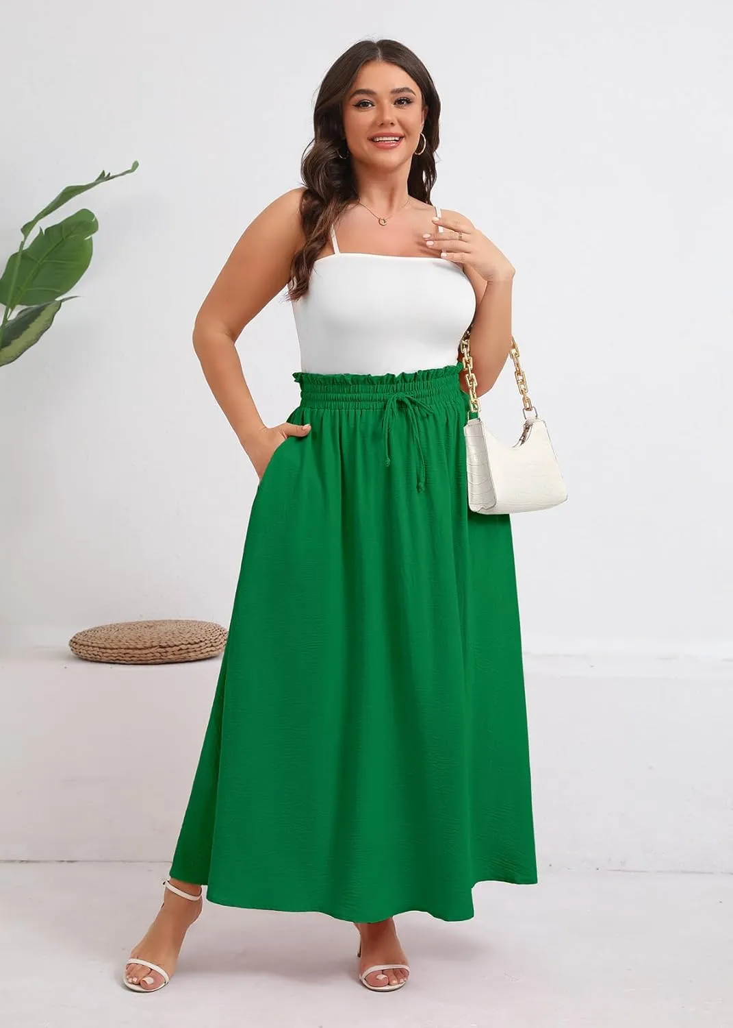 Xpenyo Womens Plus Size Maxi Skirts Summer Elastic High Waisted Boho Casual Beach Flowy Swing Long Skirts with Pockets