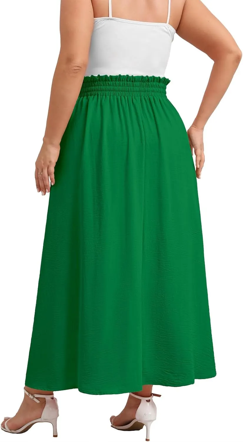 Xpenyo Womens Plus Size Maxi Skirts Summer Elastic High Waisted Boho Casual Beach Flowy Swing Long Skirts with Pockets