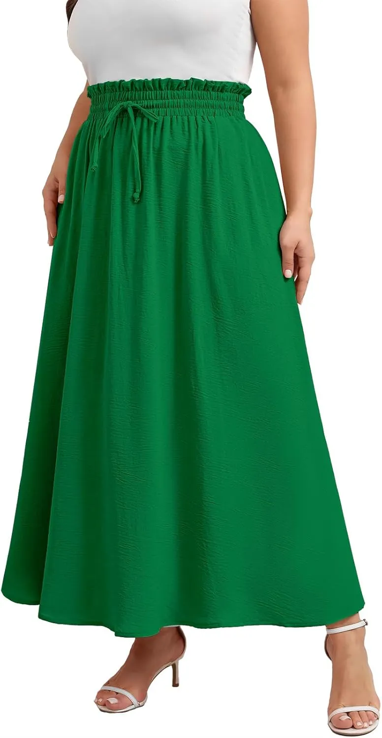 Xpenyo Womens Plus Size Maxi Skirts Summer Elastic High Waisted Boho Casual Beach Flowy Swing Long Skirts with Pockets