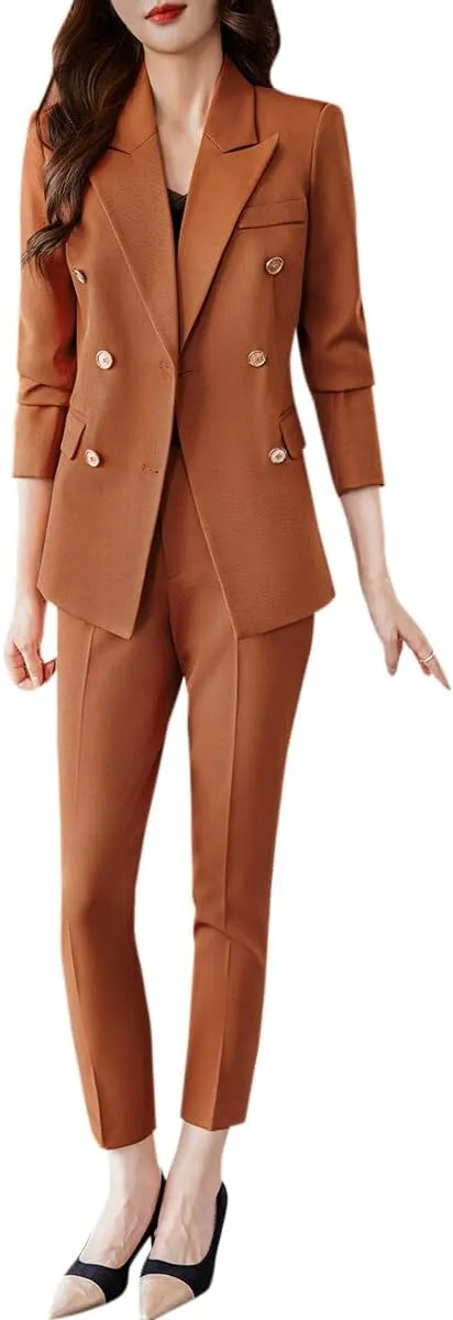 YYNUDA Women's Business Suit Set Double Breasted 2 Piece Office Work Blazer Pantsuit